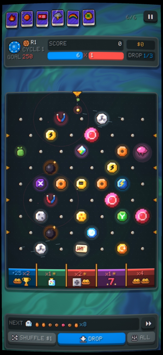 Ricolo gameplay showing a board filled with magnet, lightning, prism and multiplier pegs above colourful scoring buckets.